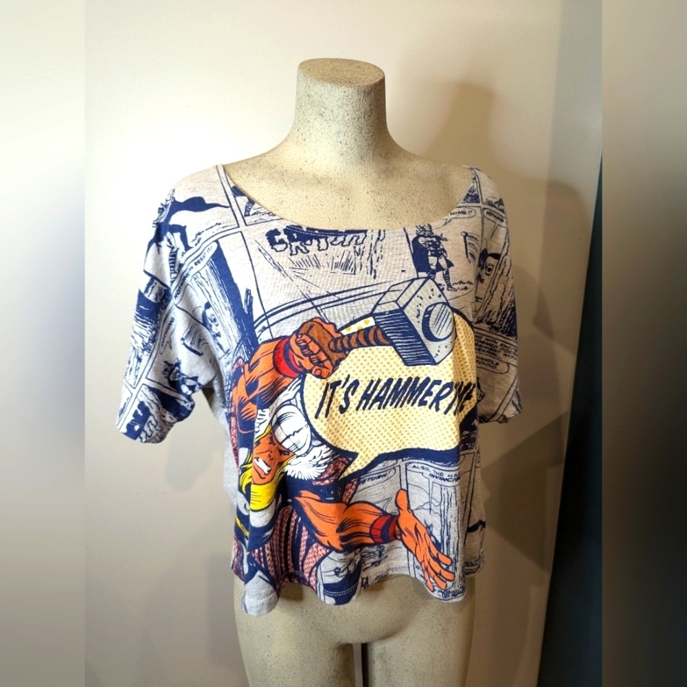 MARVEL Thor "HER"OES  Oversize crop Graphic Tee Gray Size M